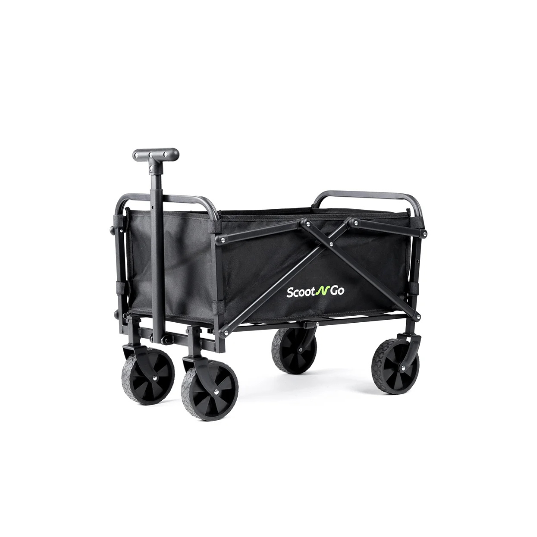Introducing the Trailer for ScootNgo Lite/Voyager: a versatile black collapsible utility wagon featuring four wheels and a telescoping handle. Built with a durable metal frame and fabric body, this trailer is ideal for convenient transport or as an attachment for your scooter. The side displays “Scoot N Go” in green and white lettering, combining practicality with style.